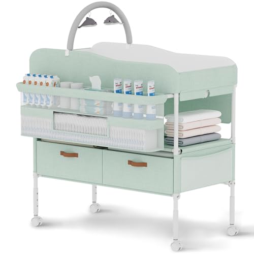 Image of Diaper Changing Station, Portable Changing Table for Baby, Diaper Changing Table with Storage Drawers, Waterproof Baby Changing Station with Wheels and Adjustable Height for Newborn Infant (Green)