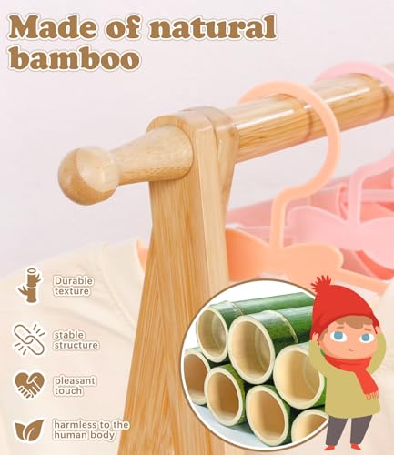Relquorax Bambus Kinder Kleiderständer mit Aufbewahrungstasche und Kleiderstange, Dress-up-Ständer, kleiner Garderobenständer, für Kostüme im Kinderzimmer (Naturfarbe)