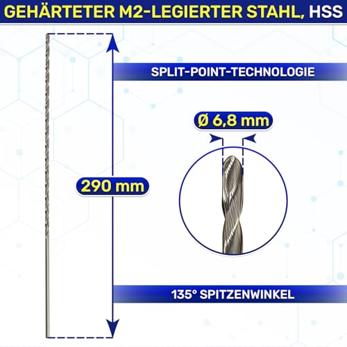 HSS Metallbohrer Lang Ø 6,8mm 290mm aus Gehärteter Legierter Stahl M2 - HSS Bohrer Profi Kann Verwendet Werden für Eisen Stahl Edelstahl Nichteisenmetalle - MONTERAL