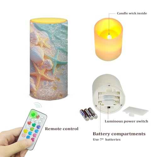 Image of Poceacles Sea Shell Starfish Beach Theme Flameless Candle Battery Powered with Remote Control 12 Colors 4 /8 Hours Timer LED Night Lights Pillar Candle Tealights Home Indoor Decor