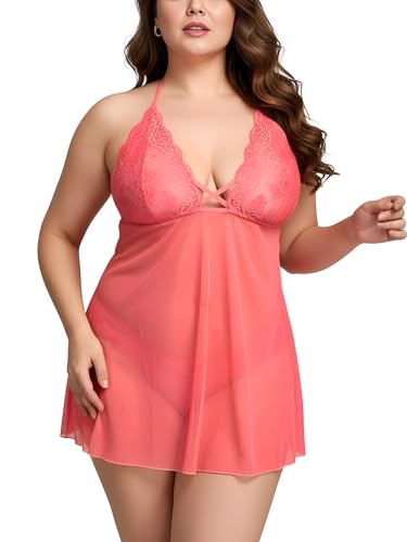 Image of Xs and Os Women's Polyester Spandex Mix & Lace Solid Midi Babydoll Lingerie with Panty