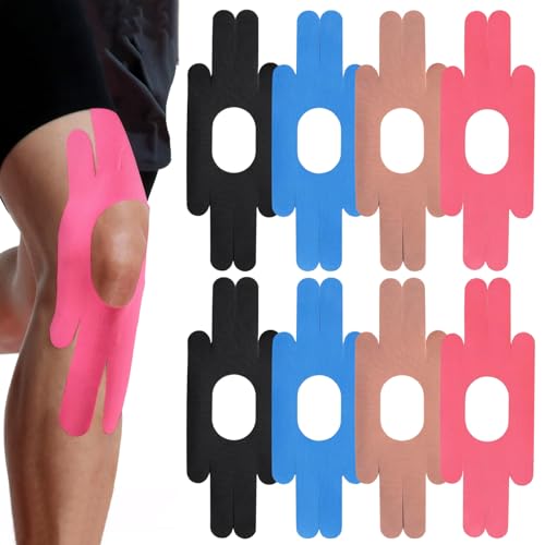 8 cintas de kinesiotapes precortadas, precortadas, para rodillas, deportivas, aptas para la piel, resistentes al agua, para apoyo de articulaciones y alivio del dolor muscular (multicolor)