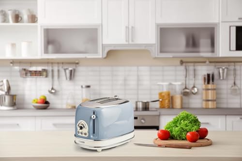 Ariete Grille-Pain 2 Tranches Vintage 155, Grille-Pain 6 Niveaux de Grillage, Éjection Automatique, Fonction Décongélation, Tiroir Ramasse-Miettes Amovible, Acier Inoxydable, avec Pince, 810W, Bleu