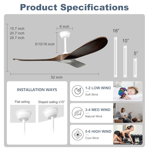 Image of 52'' Outdoor Ceiling Fan No Light,6 Speeds Adjustable with Large Airflow,Quiet Operation,Wood Propeller Ceiling Fan for Garage,Gazebo,Living Room,Bedroom(White+Dark Walnut)