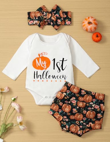 My First Halloween Outfit Baby Girl Letter Print Long Sleeve Romper Top Shorts Outfits Headband Clothes Set2