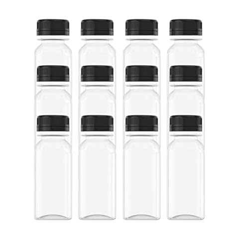 AQSXO 12 Pcs 2 OZ Mini Plastic Juice Bottles, Reusable Bulk Beverage Containers, Comes Black lid, for Juice, Milk and Other Beverages. Cover