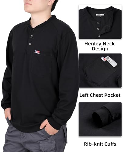 Image of BOCOMAL FR Shirts for Men Long Sleeve EX Soft Flame Resistant Henley CAT2 | NFPA2112 6oz Midweight Cotton Knit Heather Series,Moisture-Wicking /Breathable,Chest Pocket,Rib-Knit Cuffs,Summer Work T Shirt