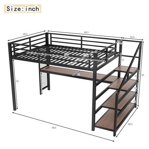 Image of Bellemave Queen Size loft Bed with Storage Stairs, Shelves, Metal Queen Loft Beds with LED Lights, USB Ports, Multifunctional Iron Nets for Adults, Kids, Teens, Black