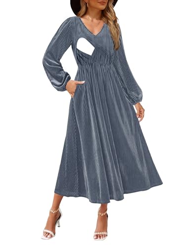 Image of CzzzyL Women's Nursing Long Sleeve V Neck Velvet Maxi Dress Flowy Wedding Party Dresses with Pockets