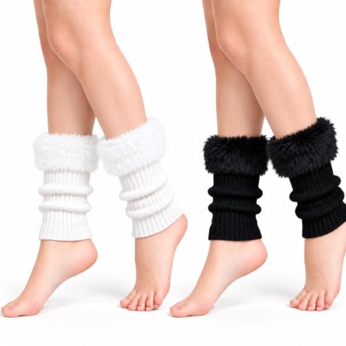 DUOJINSANXI 2 Pcs Leg Warmers Y2k, Leg Warmers, Y2k Accessories, Cute Kawaii Cream Legwarmers for Women Winter (Plush white and black)