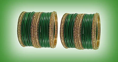 Image of NMII Glass With Zircon Gemstone Studded Worked and Ball Chain Or Plane Gloosy Finished Bangles Set For Women and Girls