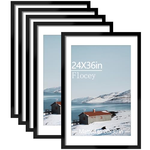Flocey 24x36 Picture Frame Set of 5, Black Poster Frame, Display Pictures 20 x 30 with Mat or 24 x 36 Without Mat for Horizontal or Vertical Wall Mounting, Wall Gallery Frame for Artwork