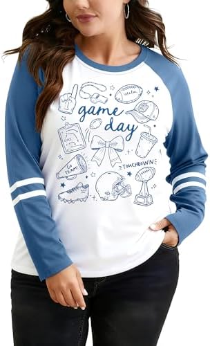 Plus Size Football Shirts Women Game Day Graphic Long Sleeve Shirt Sunday Funday T-Shirts Casual Football Fan Tee Top