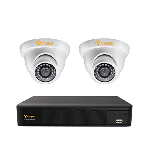 Anlapus H.265+ 4CH 1080P DVR avec 2pcs Caméras de Surveillance Extérieure 2MP IP66 20m Vision Nocturne Détection de Mouvement & App Gratuite sans Disque Dur Inclus, Couleur Blanche