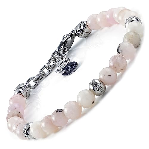 10:10 Bracciale con pietre naturali diaspro rosa da 6 mm, beads in acciaio inox, bracciale molto resistente prodotto in Italia