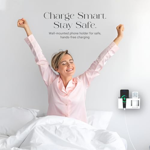 Image of Prolet Wall Mount Mobile Charging Holder with Storage Box, Self-Adhesive Phone Stand, AC /TV Remote Organizer, Multipurpose Shelf-(White)