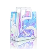 R-LOMU Clear Iridescent Reusable Gift Bag 11 x 9.8 x 5.1 Inches Holographic Large Handbag Gift Wrap Bags Pvc with Handle for Party,Birthday,Christmas,Travel, Festival,Wedding, Shopping (1pcs)