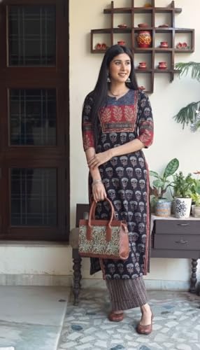 Image of ANNI Designer Women's Viscose Blend Straight Printed Kurta with Palazzo | Ethnic Indian Kurta Set | 3 /4 Sleeve Round Neck Traditional Dress | Festive Office Casual Outfit for Women