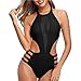 JEsilunmaMY Women Mesh Cutout Swimsuits Solid Color High Neck Halter Monokini Swimwear Slim Fit Cut Out Sheer Bathing Suit (Black,Medium)
