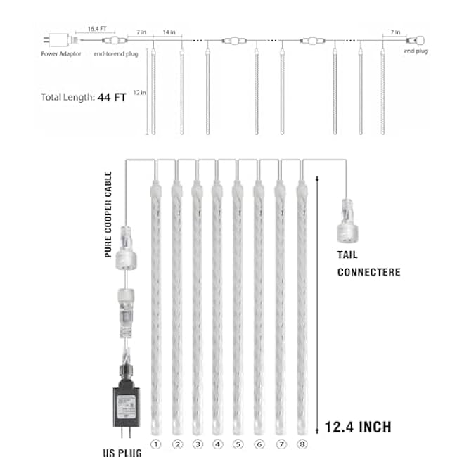 Dazzle Bright 864 LED Christmas Light, Meteor Shower Rain Lights 11.8 Inch 24 Tubes, Waterproof Plug in Falling Rain Lights Decorations for Xmas Tree Yard Party (Warm White)