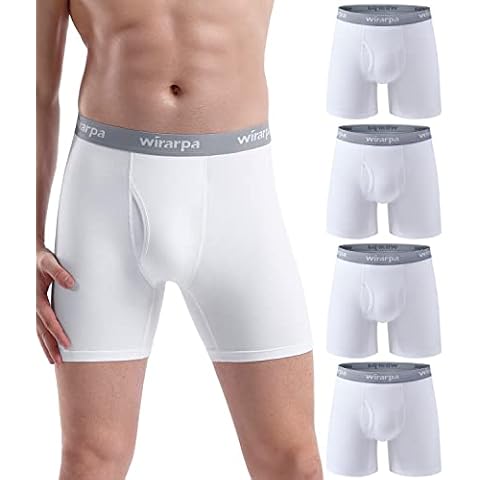wirarpa Men's Cotton Boxer Briefs Underwear White Open Fly Tag Free Anti-Chafing Comfy Short Leg Underpants 4 Pack Medium Cover