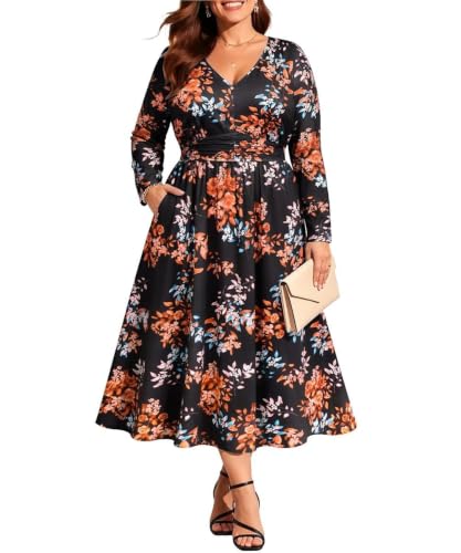 RITERA Plus Size Fall Dresses for Women Long Sleeve V Neck Long Dress 5X Black Floral Print A Line Maxi Dresses with Pockets for Autumn Winter Party Wedding Gust Vacation 5XL 30/32W