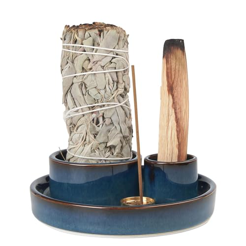 4 in 1 Incense Holder Ceramic Incense Stick and Palo Santo Holder Sage Holder for Burning- 4.25 Ceramic Ash Catcher Tray for Meditation and Yoga Room (Blue)