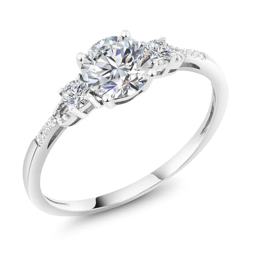 Gem Stone King 10K White Gold Lab Grown Diamond Engagement Ring For Women | 0.90 Cttw | Center Round 6MM | Gemstone April Birthstone | DEF Color | VVS-VS Clarity | Available in Size 5,6,7,8,9