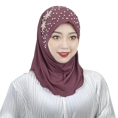 JIAHG One Piece Bling Rhinestone Pearl Hijab Scarf for Women Muslim Plain Color Long Instant Turban with Flower Tassel Accent