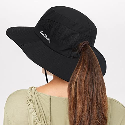 Image of Sun Hat for Women Summer UV Protection Beach Hat Wide Brim Mesh Bucket Fishing Hat with Ponytail Hole Foldable Packable Hat