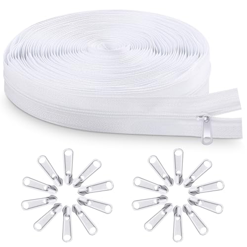 Tatxmalv 5 mm × 10m Cremallera de Nailon, 20 Cursores de Metálicas, Juego de Cremalleras de Nailon Universal Negro para Costura Manualidades, Ropa, Chaquetas (Blanco)