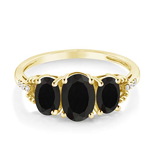 Gem Stone King 1.52 Cttw 10K Yellow Gold Oval Black Onyx and Diamond Accent 3-Stone Engagement Ring | 3 Stone Wedding Anniversary Promise Ring For Women | Size 5,6,7,8,93