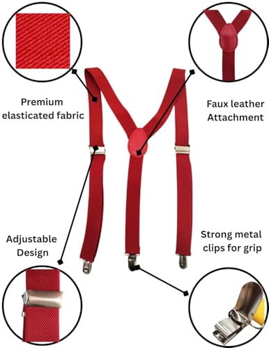 Image of BookMyCostume Red Suspenders for Kids & Adults|Adjustable Elastic Y-Back Belt for Fancy Dress Costumes,Theme Parties, Dance Costume,School Functions & Stage Shows|Unisex Clip-on Suspenders Accessory