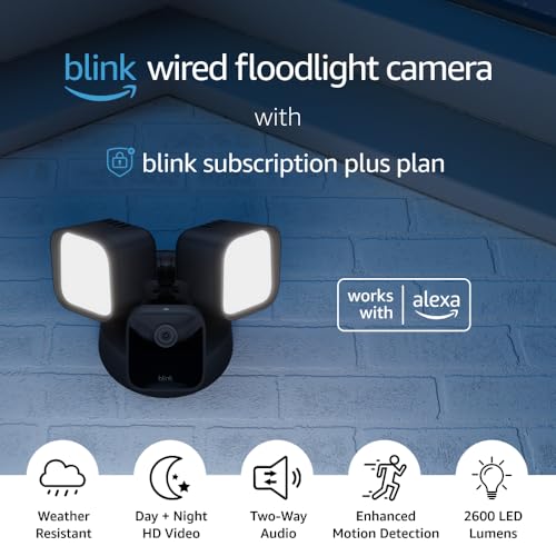 Image of Blink Wired Floodlight Camera With 1-Year Plus plan - Smart security camera, 2600 lumens, HD live view, person detection, built-in siren, Works with Alexa - 1 camera (Black)