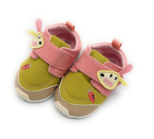 Image of Baby First Walking Shoes, Unisex Infant Sneakers, Hook & Loop Closure, Mid Top Canvas, Pink-Green Multicolour