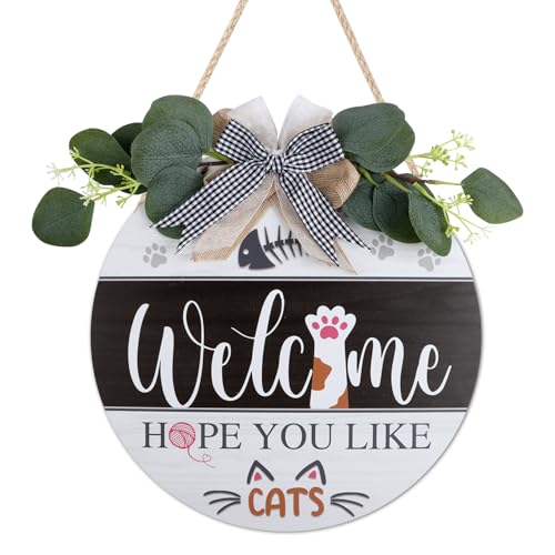 KAIRNE Cats Welcome sign with Wreath Hanging Decor,We...