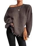 SKAYS Distressed Sweaters for Women, Drop Shoulder Sweaters for Women, Boat Neck Ribbed Knit Fringe Sweaters Khaki M