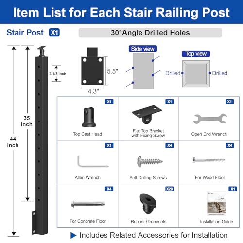 Image of BLIKA 1 Pack 36 inch Side Mount Stair Cable Railing Post for 25-35 Degrees Stair, Stainless Steel, Right Side Fascia Mount Stair Railing Post for Cable Railing Kit, Black Powder Coated Side Mount Post
