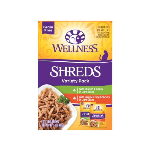 Wellness Healthy Indulgence Shreds Variety Pack Adult Wet Cat Food, Natural, Protein Rich, Grain Free, 2 Flavors, 3 oz, Pack of 8 Pouches - image 1