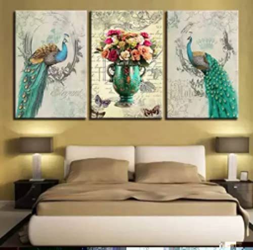 Peinture nordique mur art photo bleu paon triptyque fleurs sans cadre