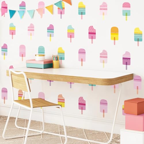 Kasubeso 48 Pcs Ice Cream Wall Decals for Kids Room, Peel and Stick Sweet Treats Wall Sticker, Multicolor Dessert Designs Wall Decor for Nursery Playroom Classroom Bedroom School