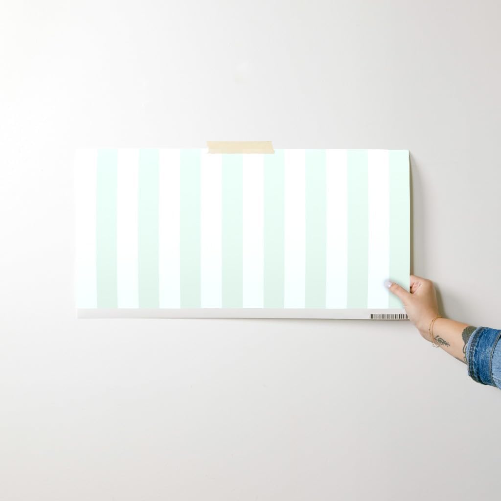 Spoonflower Peel & Stick Wallpaper Swatch - Colossal Stripe Faded Vertical Green Stripes Summer Wedding Cottage Custom Removable Wallpaper
