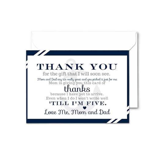 Nautical Baby Shower Thank You Cards with Envelopes (25 Pack) Preprinted Message from Baby Boys with Customizable Space for Handwritten Note from New Parents, 4x6 Double-Sided Card Navy Blue
