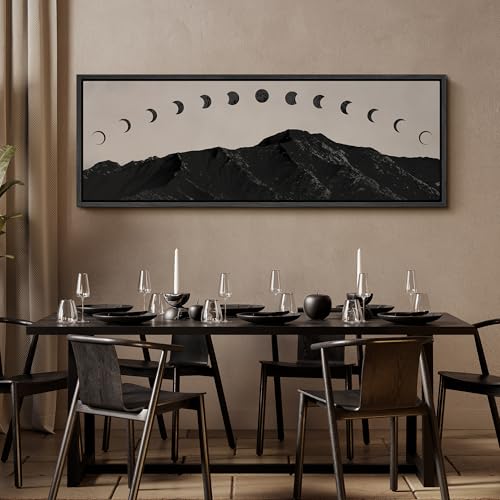 Image of MUDECOR Large Framed Canvas Print Wall Art Black Mountain Silhouette with Moon Phases Minimalist Antique Retro Ready to Hang Painting for Living Room Bedroom Multi-Sizes - 60 inchx20 inch