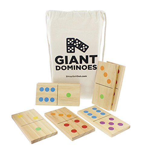 Get Out! Giant Wooden Dominoes 28-Piece Set with Bag – Jumbo Natural Wood & Colored Numbers – Kids Adults Outdoor Games - Thumbnail 2