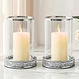 Pillar Candle Holder with Tempered Glass Panels, Hurricane Candle Stand for centerpiece, crystal decoration for table, wedding, fireplace, party (Silver, Medium-2pcs)