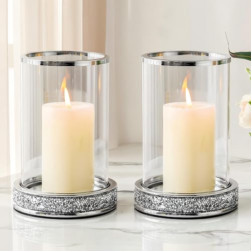 Hurricane Candle Holder Pillar Stand with Tempered Glass Panels Silver Crystal Ornaments for Living Room Centrepiece Table Wedding Fireplace Party (Middle Set of 2)