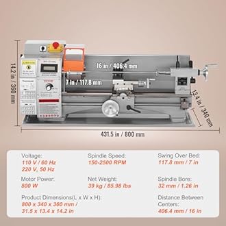 VEVOR 7'' x 16'' Metal Lathe Machine, 800W Precision Benchtop Power Metal Lathe, 150-2500 RPM Continuously Variable Speed, with 3.9'' 3-jaw Metal Chuck Come with Tool Box