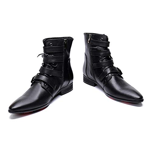 Image of Rui Landed Ankle Boots for Men Pointed Toe Plain Genuine Leather Monk Strap Lace Up Style Block Heel Metal Inner Zippers High Top Shoes