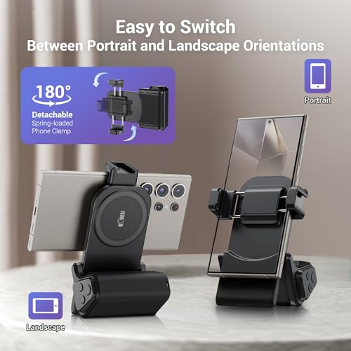 KIWIFOTOS Travel Phone Camera Grip Smartphones Camera Handle with Remote Control & Cold Shoe Mount for iPhone 17 16 15 14 Pro Max Samsung S24 S25 Selfie Vlog Video Shooting